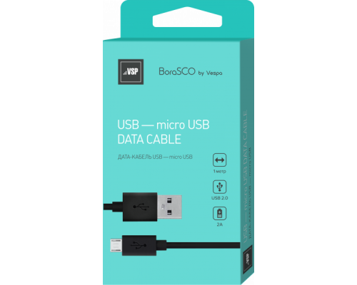 Дата-кабель BoraSCO USB - Micro USB, 2А 1м, черный