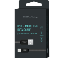 Дата-кабель BoraSCO USB - Micro USB, 3А, 1м, металл, в нейлоновой оплетке, плоский, черный