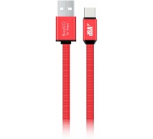 Дата-кабель BoraSCO USB - Type-C, 3А, 1м, металл, в нейлоновой оплетке, плоский, красный