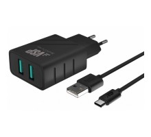СЗУ адаптер 2 USB 2.4A + Дата-кабель Type-C 2А (100 см) черный, BoraSCO