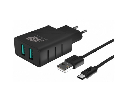 СЗУ адаптер 2 USB 2.4A + Дата-кабель Type-C 2А (100 см) черный, BoraSCO