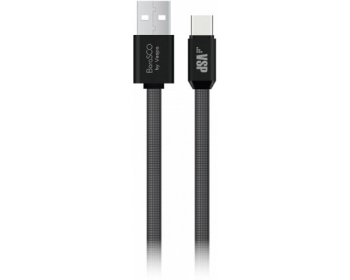 Дата-кабель BoraSCO USB - Type-C, 3А, 1м, металл, в нейлоновой оплетке, плоский, черный